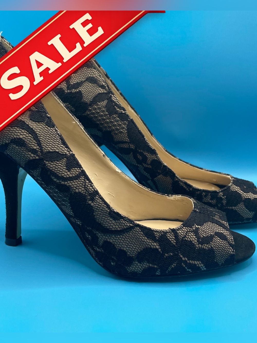 Elegant Black Lace Peep Toe Heels by Nine West Size: 6 1/2M